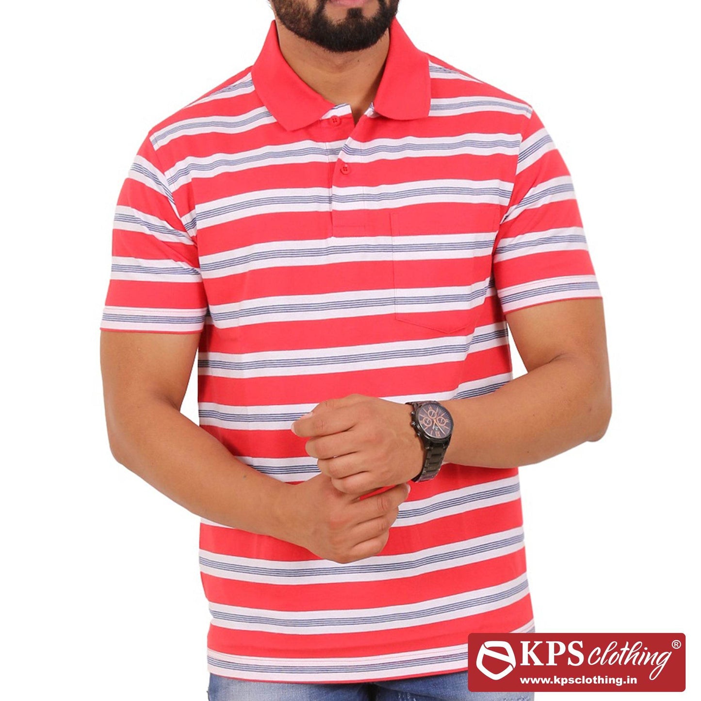 Men's Combed Cotton Jersey Striped Regular Fit Half Sleeve Polo T-shirt with Chest Pocket