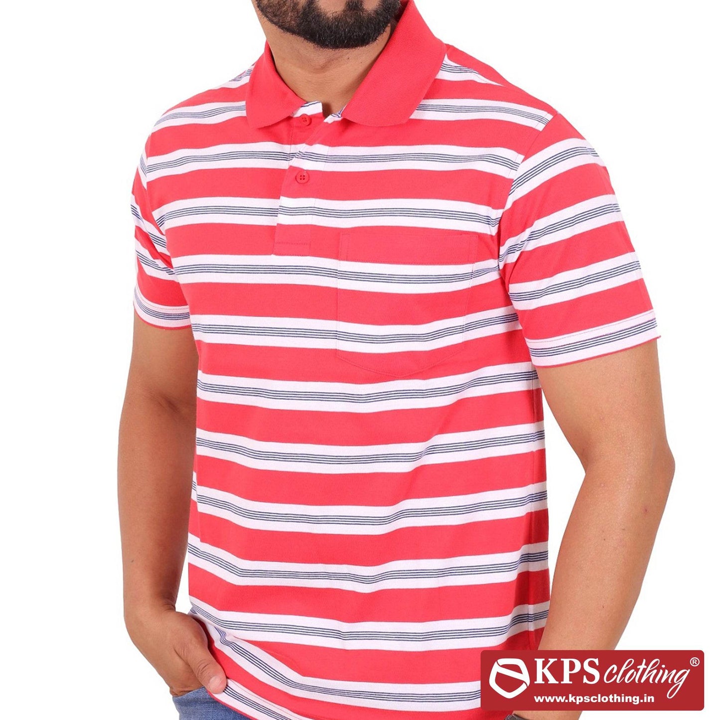 Men's Combed Cotton Jersey Striped Regular Fit Half Sleeve Polo T-shirt with Chest Pocket