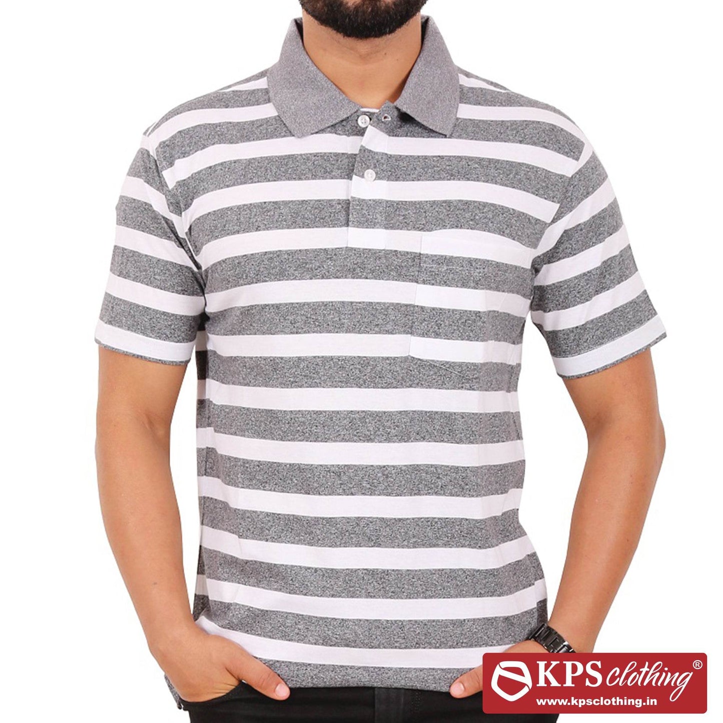 Men's Combed Cotton Jersey Striped Regular Fit Half Sleeve Polo T-shirt with Chest Pocket