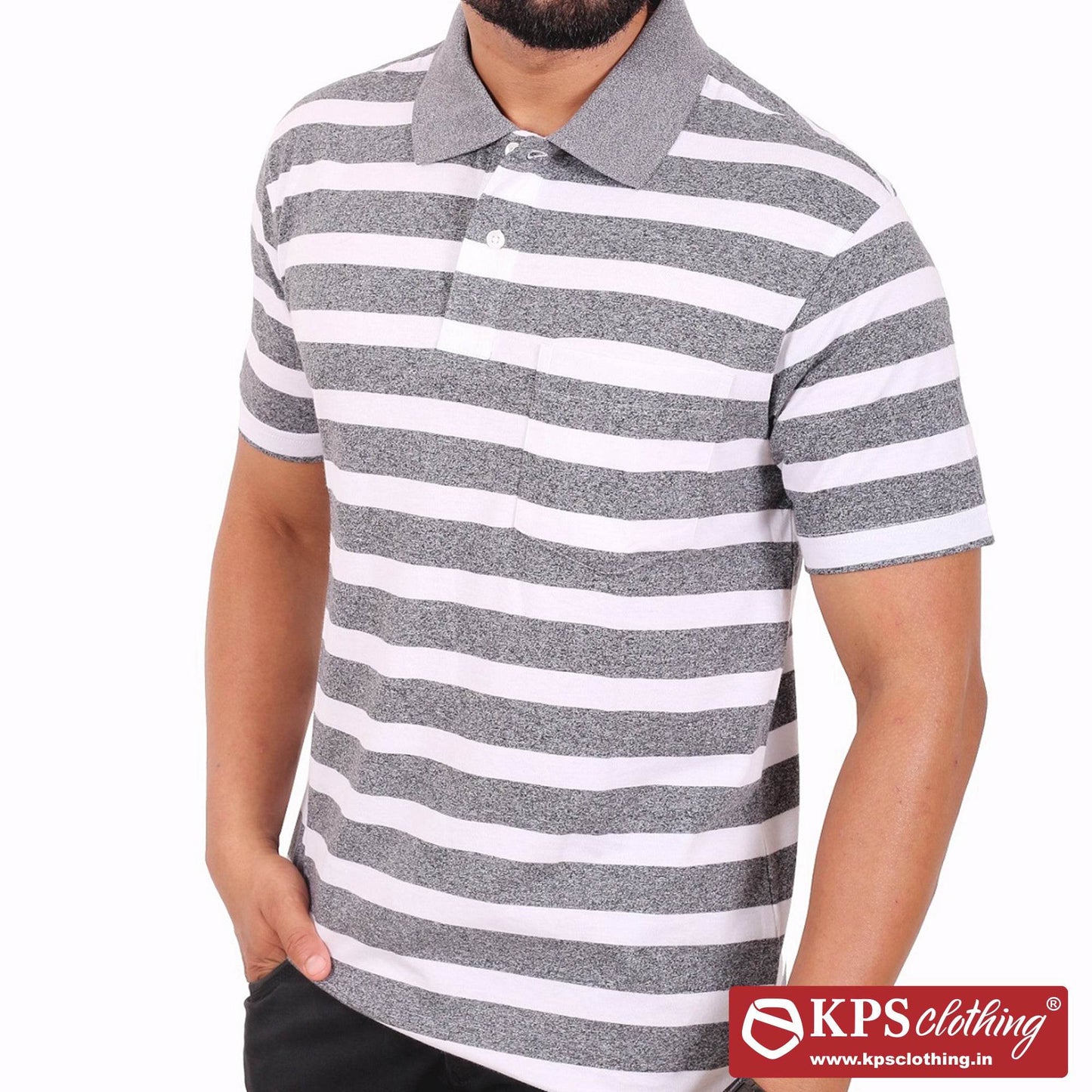Men's Combed Cotton Jersey Striped Regular Fit Half Sleeve Polo T-shirt with Chest Pocket
