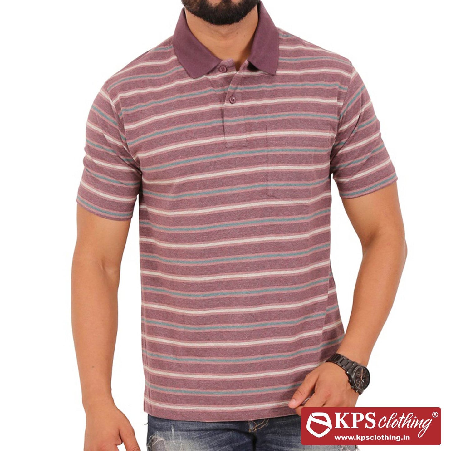 Men's Combed Cotton Jersey Striped Regular Fit Half Sleeve Polo T-shirt with Chest Pocket