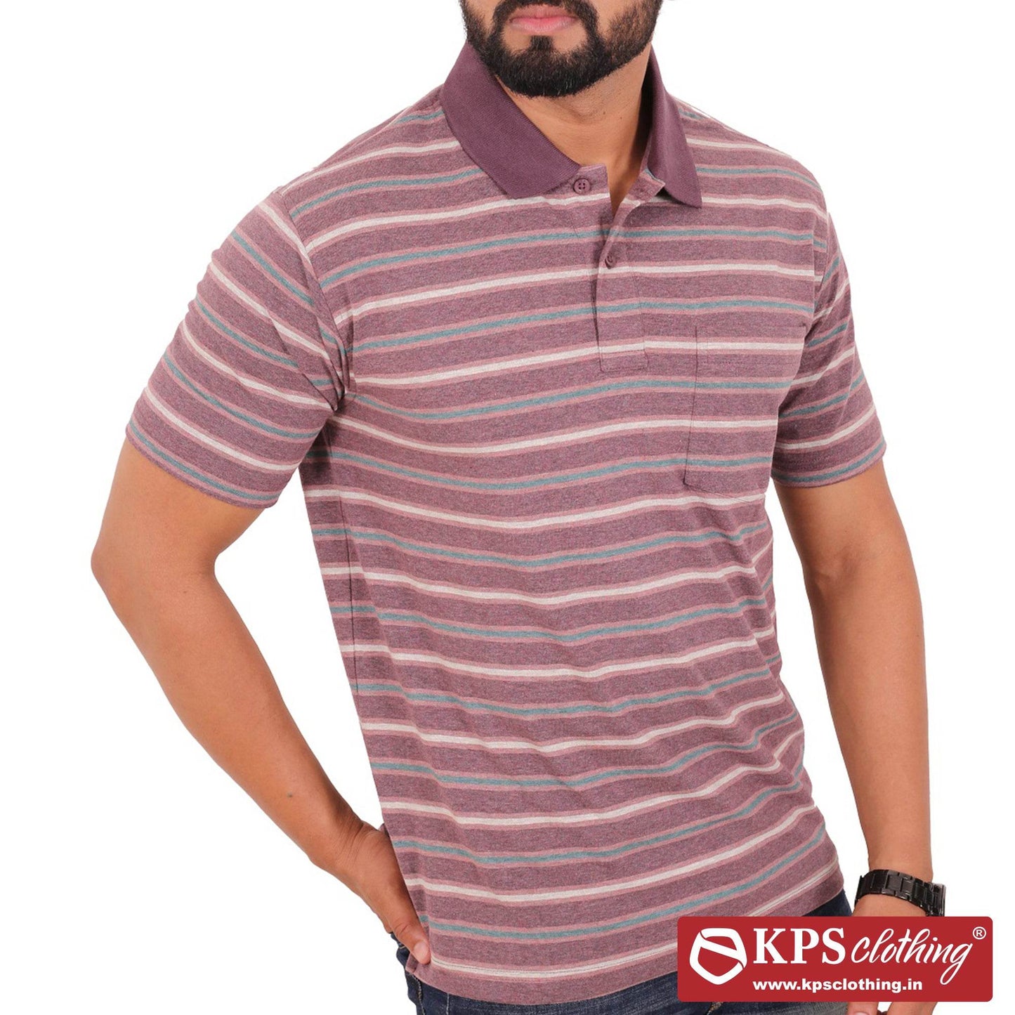 Men's Combed Cotton Jersey Striped Regular Fit Half Sleeve Polo T-shirt with Chest Pocket