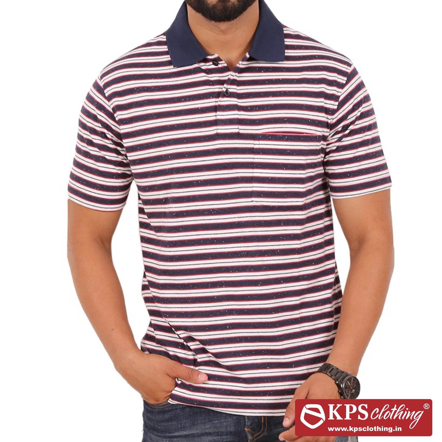 Men's Combed Cotton Jersey Striped Regular Fit Half Sleeve Polo T-shirt with Chest Pocket
