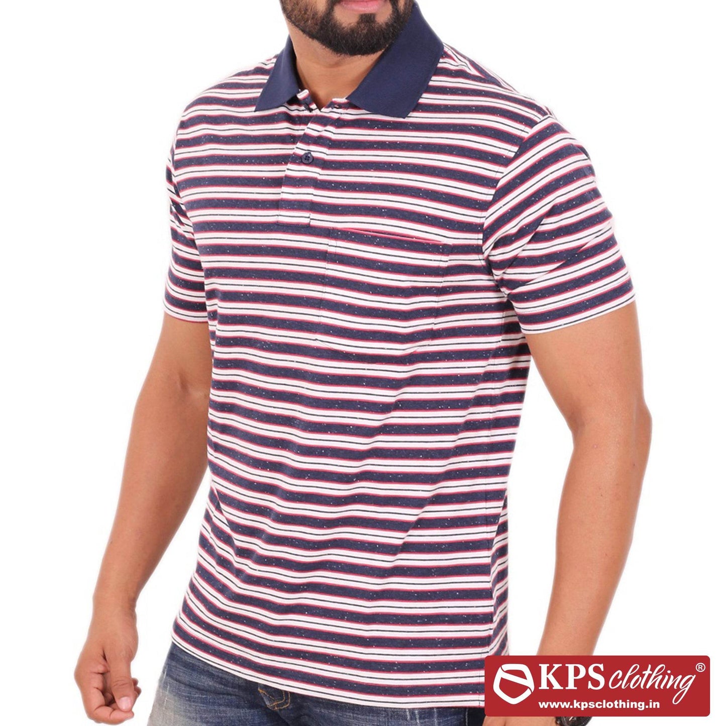 Men's Combed Cotton Jersey Striped Regular Fit Half Sleeve Polo T-shirt with Chest Pocket