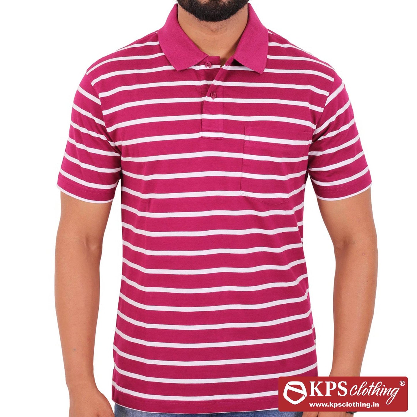 Men's Combed Cotton Jersey Striped Regular Fit Half Sleeve Polo T-shirt with Chest Pocket
