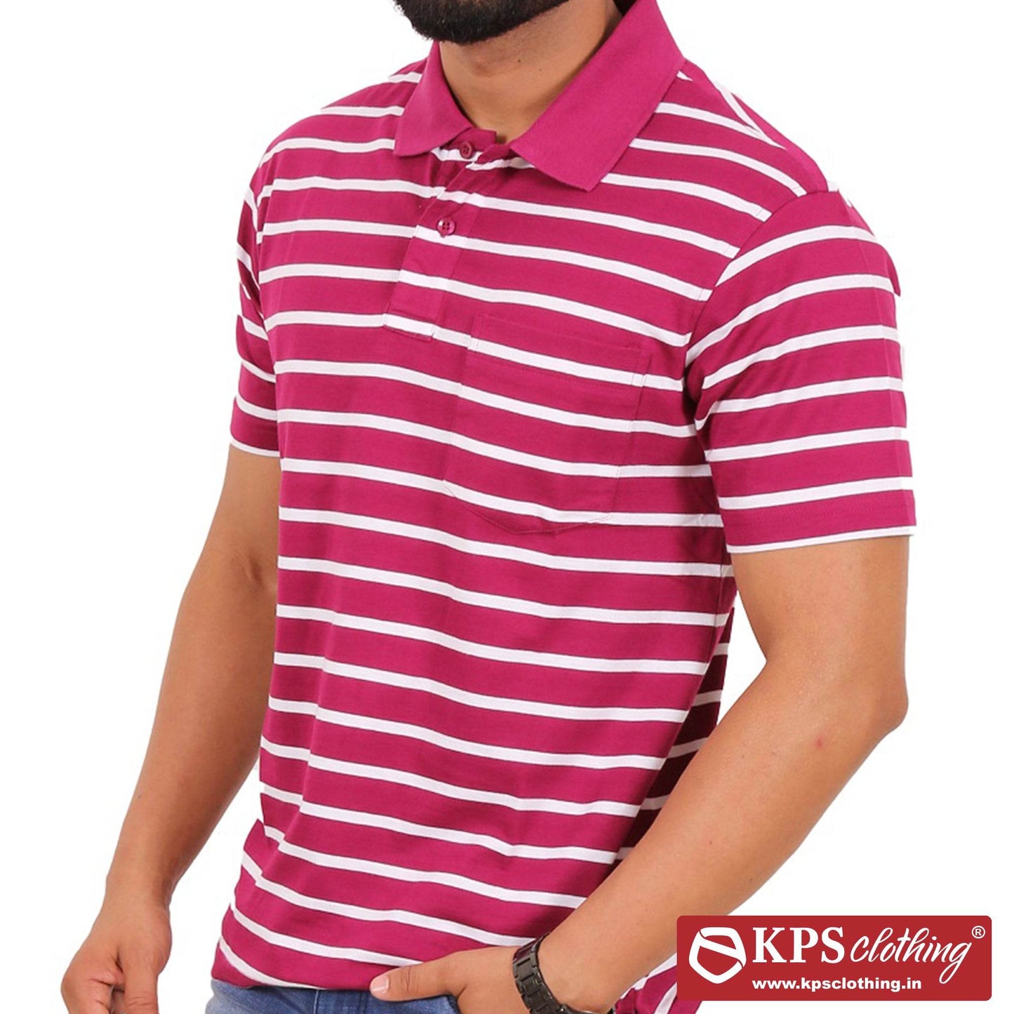 Men's Combed Cotton Jersey Striped Regular Fit Half Sleeve Polo T-shirt with Chest Pocket