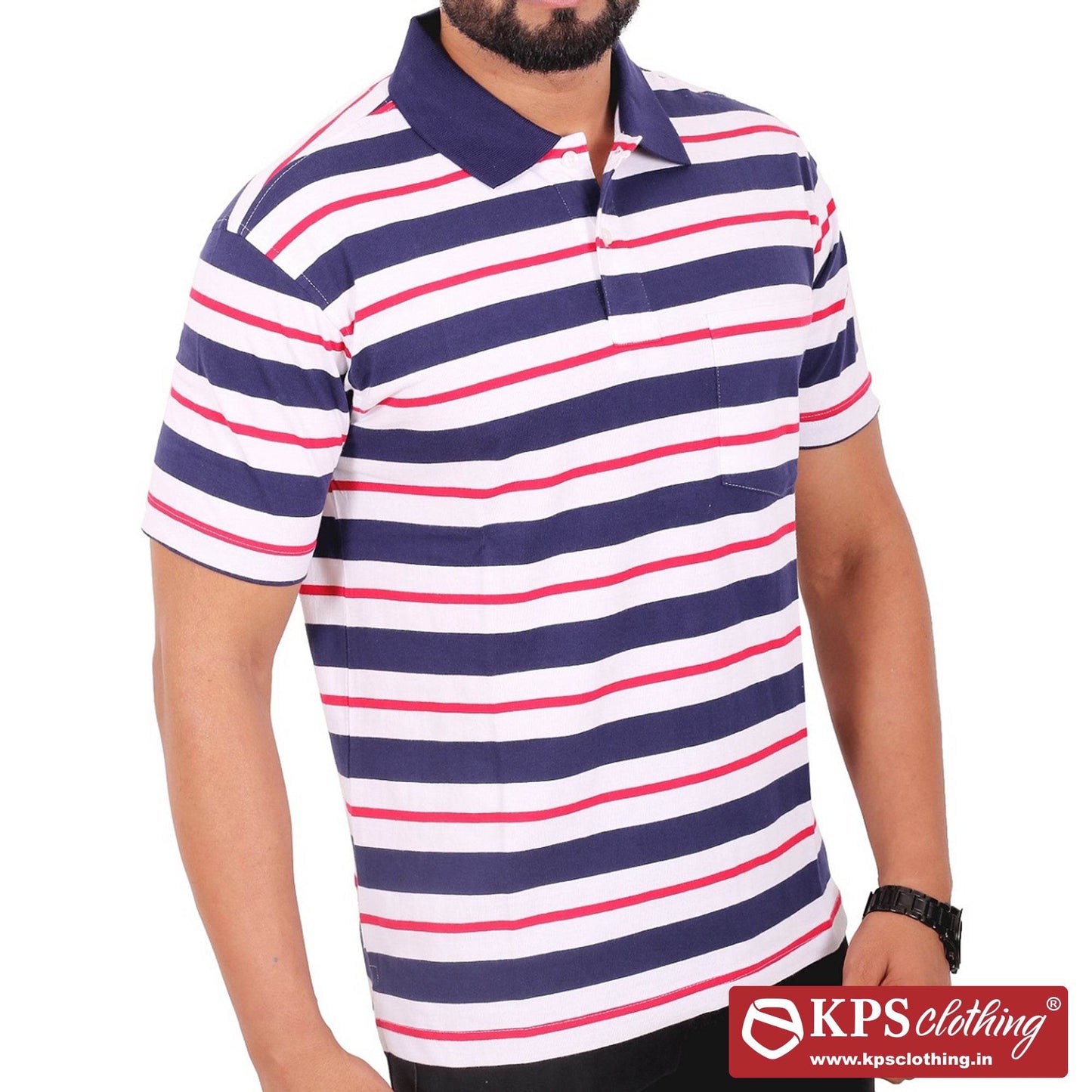 Men's Combed Cotton Jersey Striped Regular Fit Half Sleeve Polo T-shirt with Chest Pocket