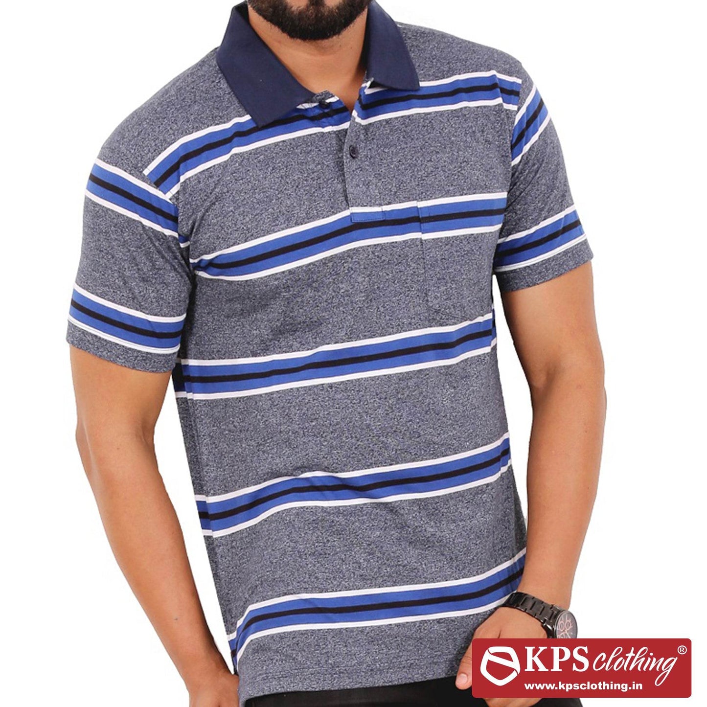 Men's Combed Cotton Jersey Striped Regular Fit Half Sleeve Polo T-shirt with Chest Pocket