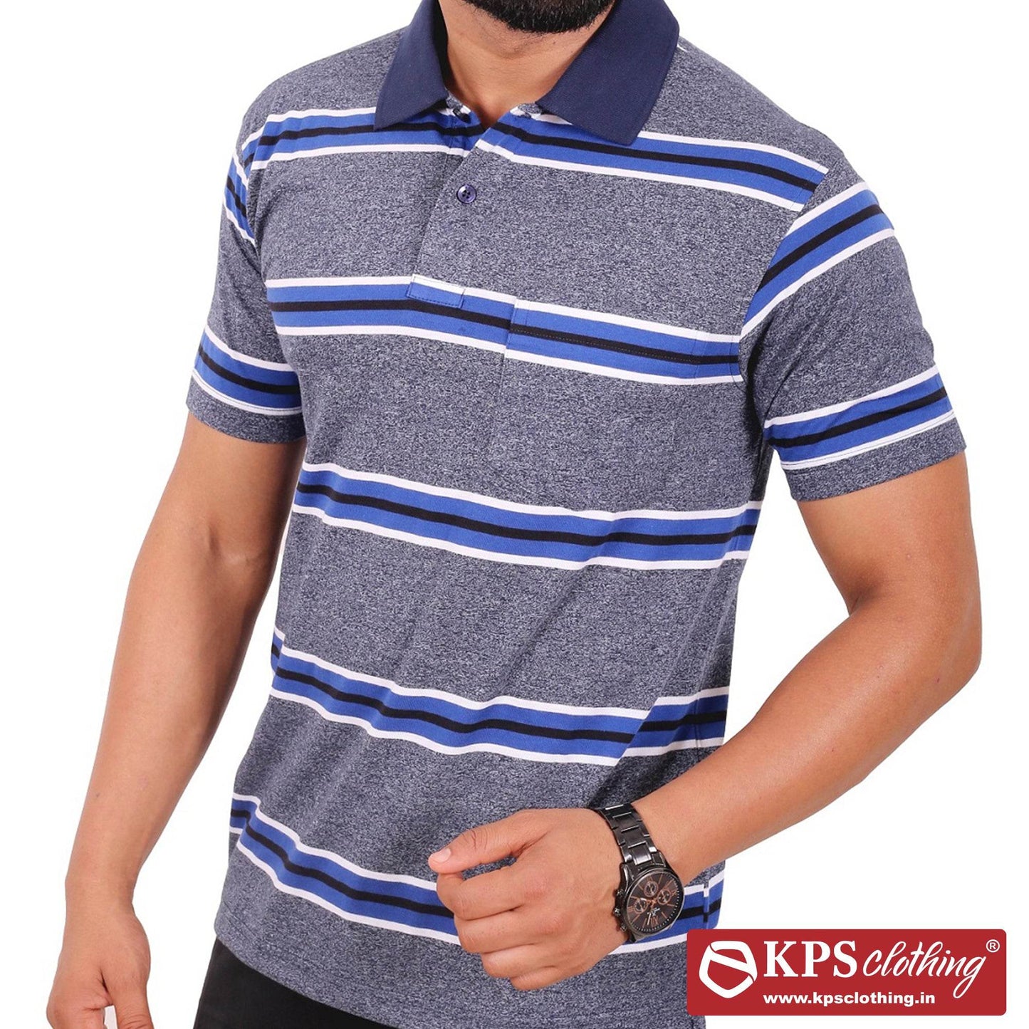 Men's Combed Cotton Jersey Striped Regular Fit Half Sleeve Polo T-shirt with Chest Pocket