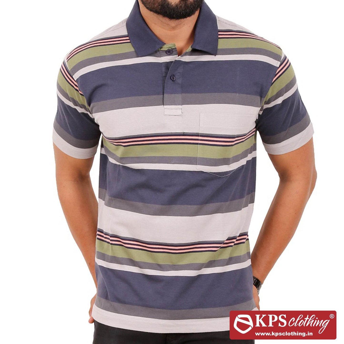 Men's Combed Cotton Jersey Striped Regular Fit Half Sleeve Polo T-shirt with Chest Pocket