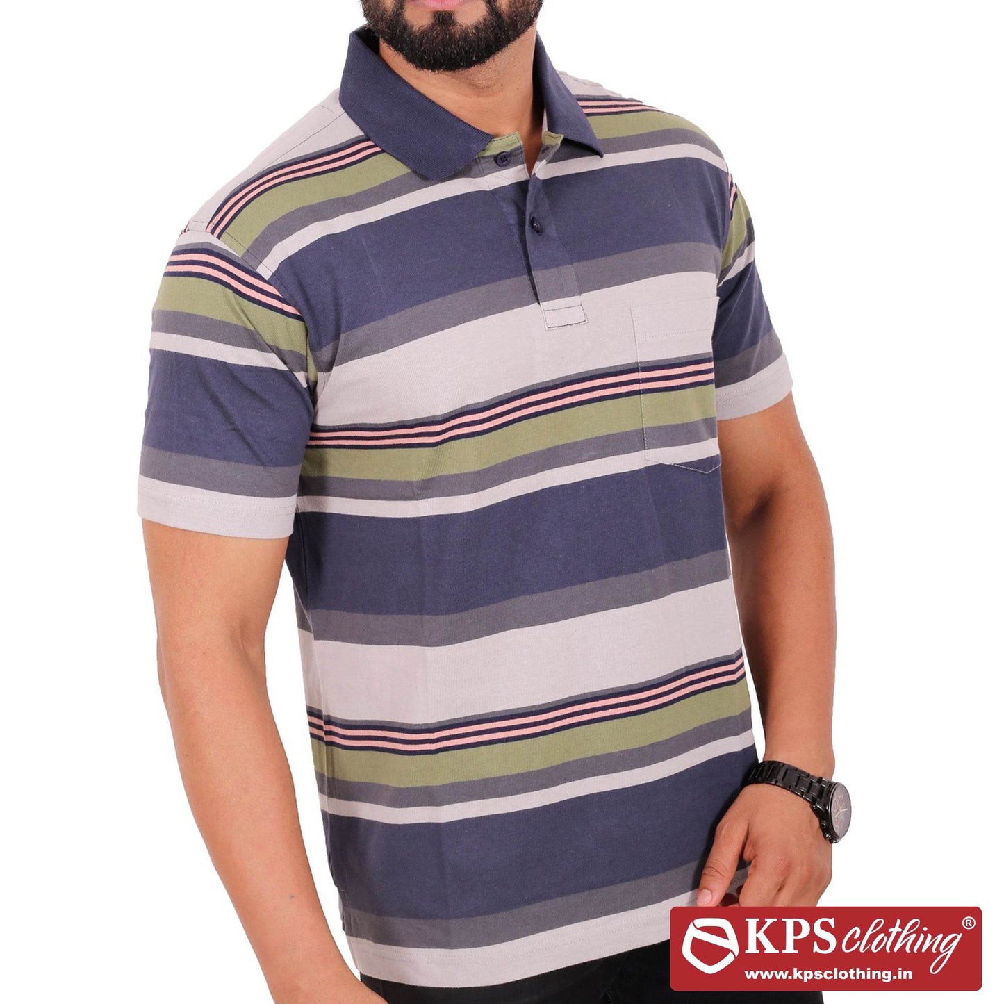 Men's Combed Cotton Jersey Striped Regular Fit Half Sleeve Polo T-shirt with Chest Pocket