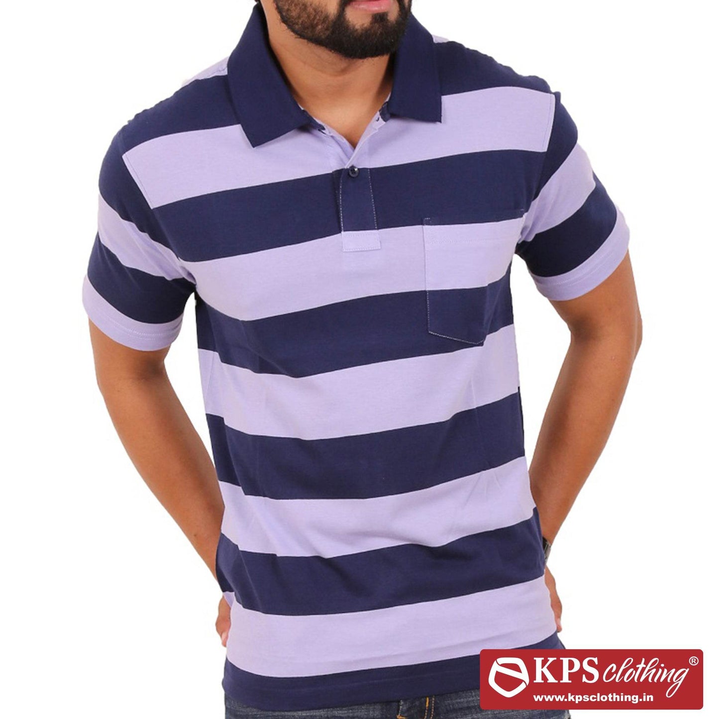 Men's Combed Cotton Jersey Striped Regular Fit Half Sleeve Polo T-shirt with Chest Pocket