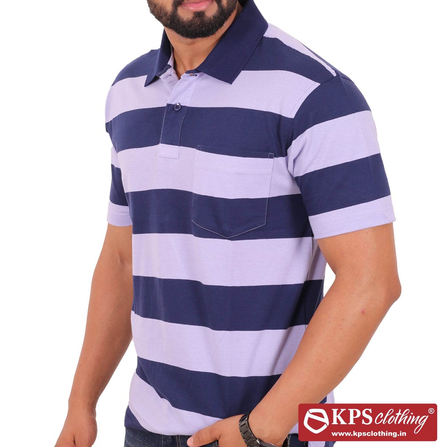 Men's Combed Cotton Jersey Striped Regular Fit Half Sleeve Polo T-shirt with Chest Pocket