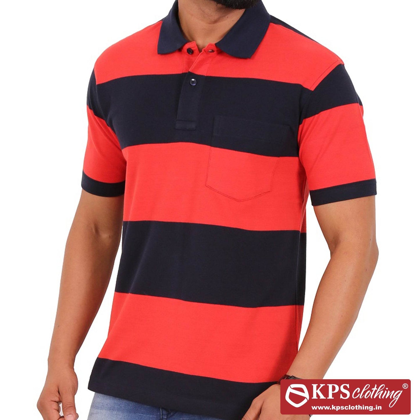 Men's Combed Cotton Pique Striped Regular Fit Half Sleeve Polo T-shirt with Chest Pocket