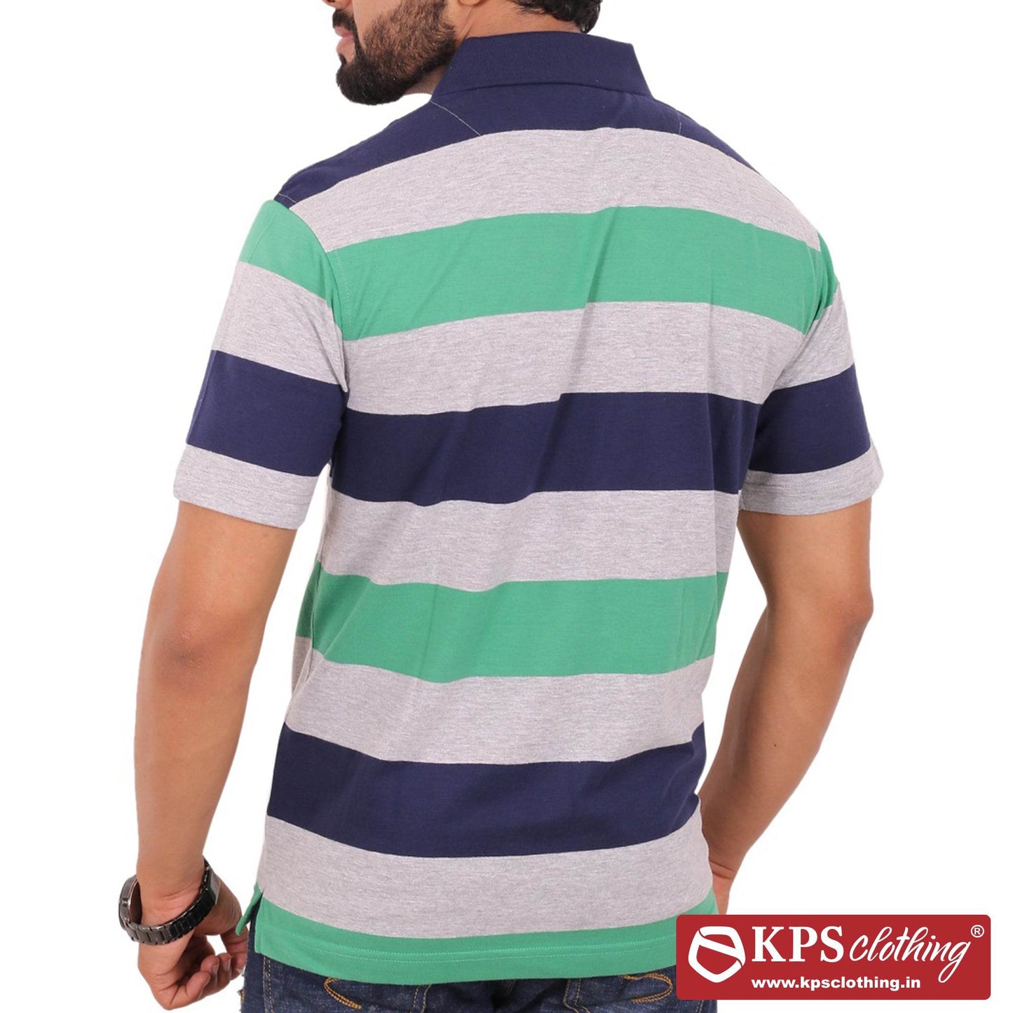 Men's Combed Cotton Jersey Striped Regular Fit Half Sleeve Polo T-shirt with Chest Pocket