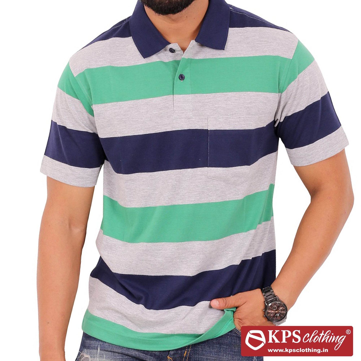 Men's Combed Cotton Jersey Striped Regular Fit Half Sleeve Polo T-shirt with Chest Pocket