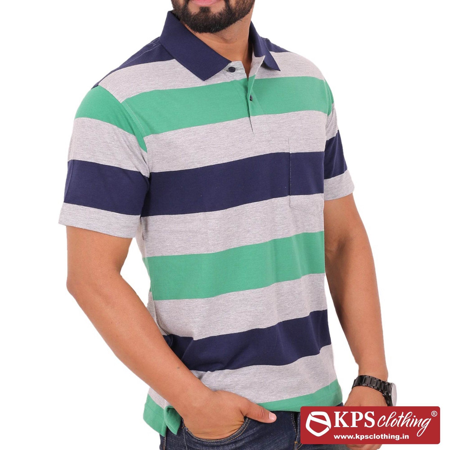Men's Combed Cotton Jersey Striped Regular Fit Half Sleeve Polo T-shirt with Chest Pocket