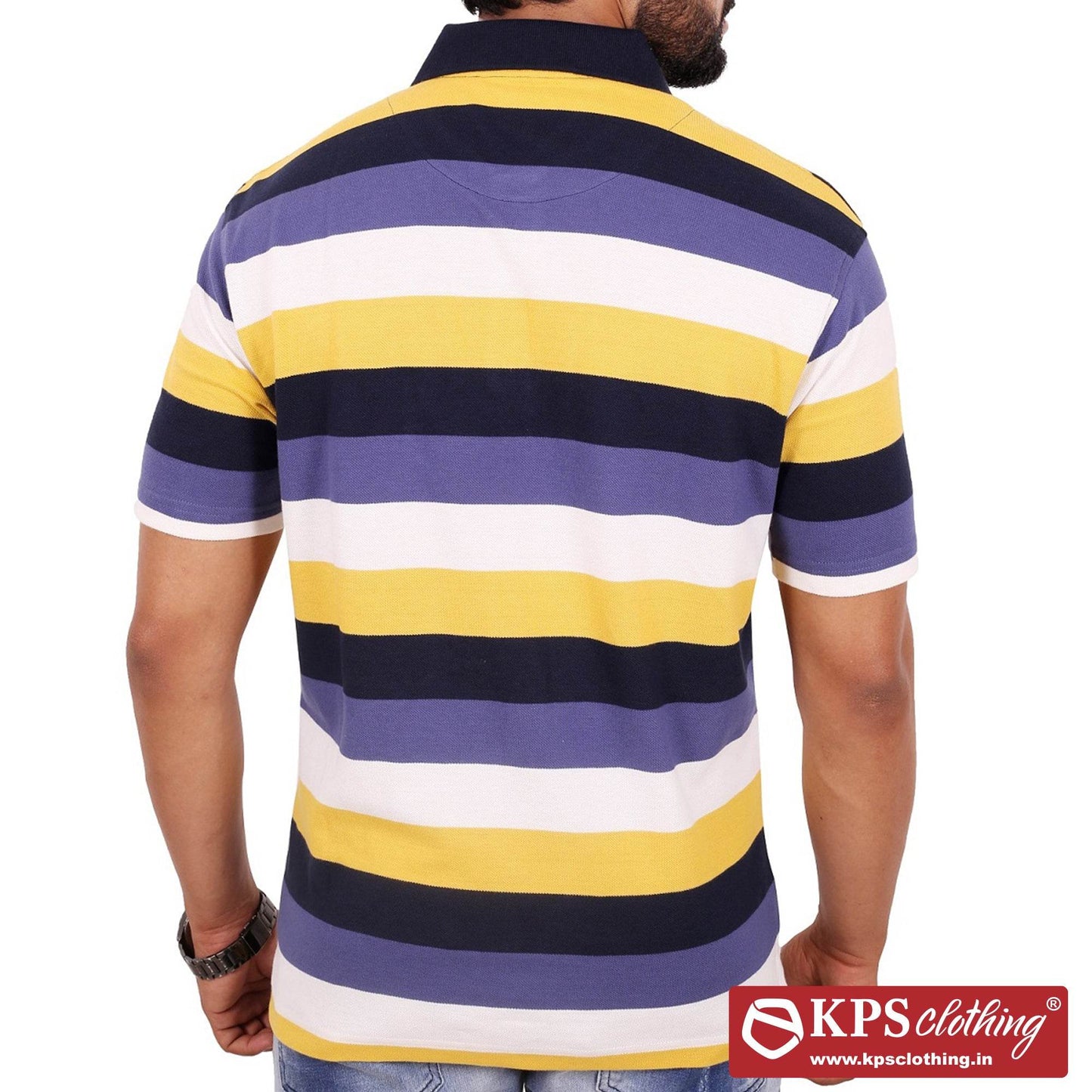 Men's Combed Cotton Pique Striped Regular Fit Half Sleeve Polo T-shirt with Chest Pocket