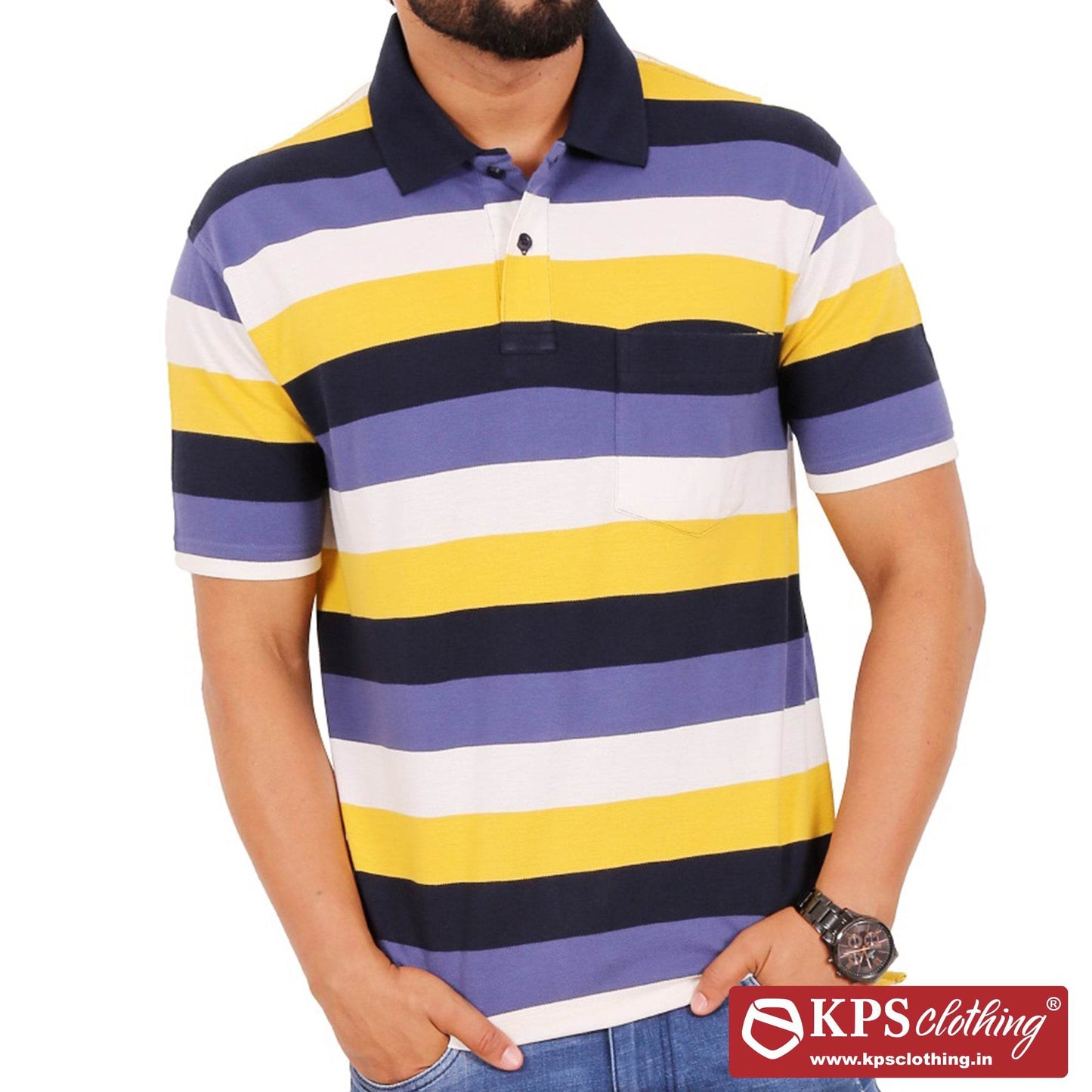 Men's Combed Cotton Pique Striped Regular Fit Half Sleeve Polo T-shirt with Chest Pocket