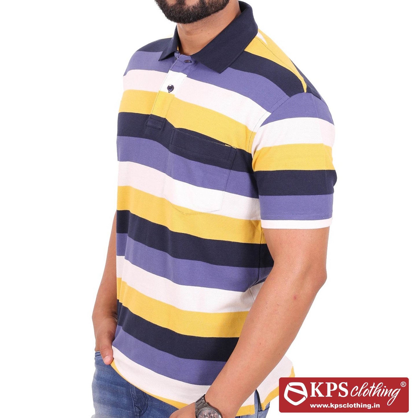 Men's Combed Cotton Pique Striped Regular Fit Half Sleeve Polo T-shirt with Chest Pocket