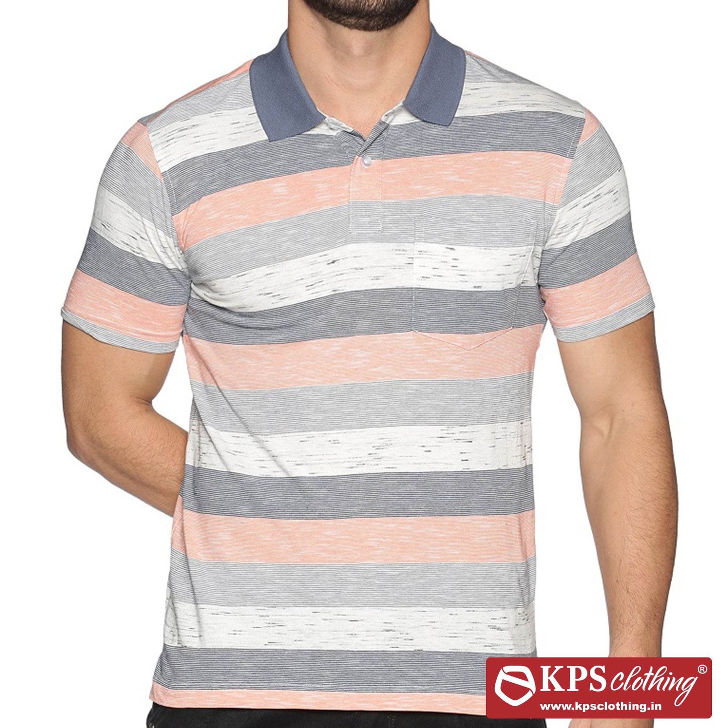Men's Combed Cotton Jersey Striped Slim Fit Half Sleeve Polo T-shirt with Chest Pocket
