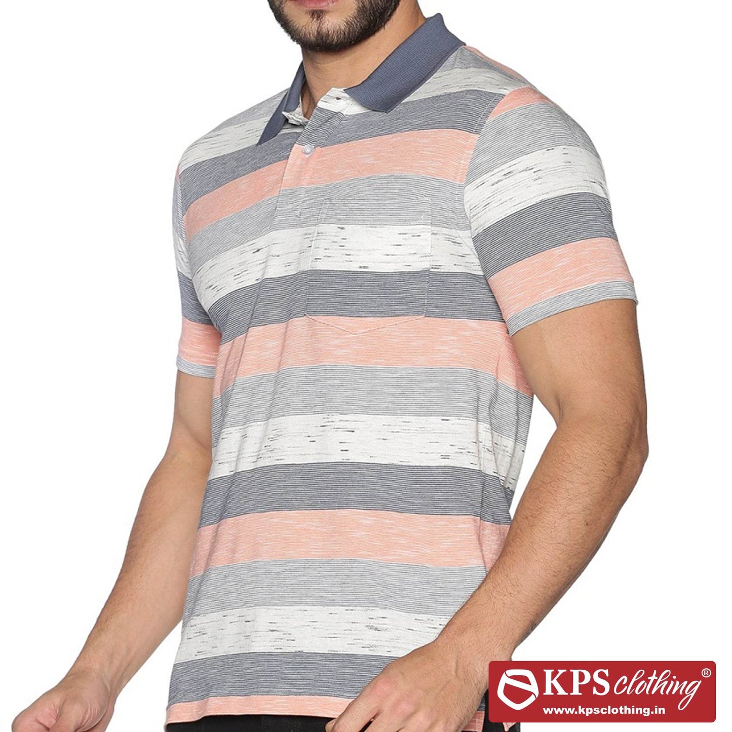 Men's Combed Cotton Jersey Striped Slim Fit Half Sleeve Polo T-shirt with Chest Pocket