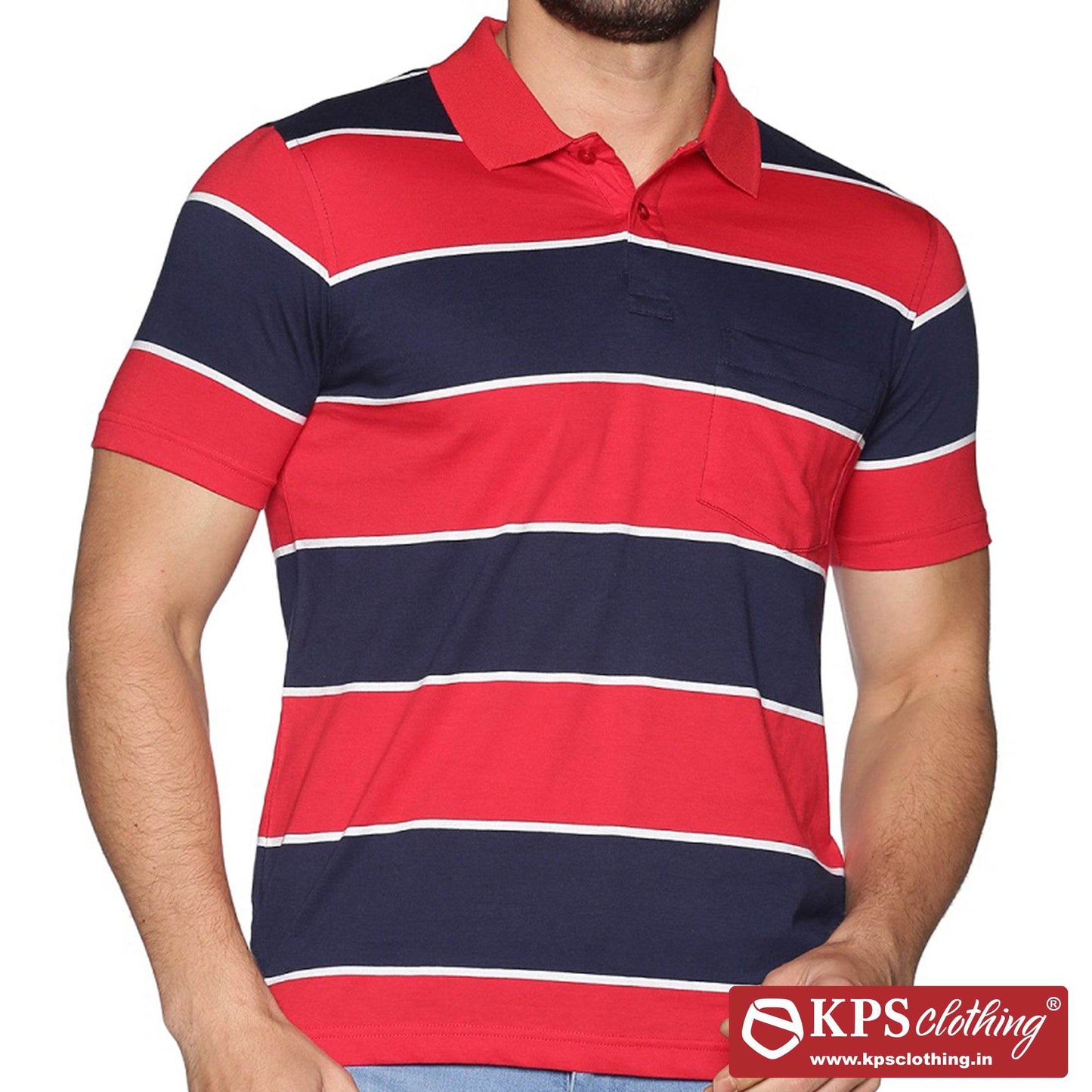 Men's Combed Cotton Jersey Striped Slim Fit Half Sleeve Polo T-shirt with Chest Pocket