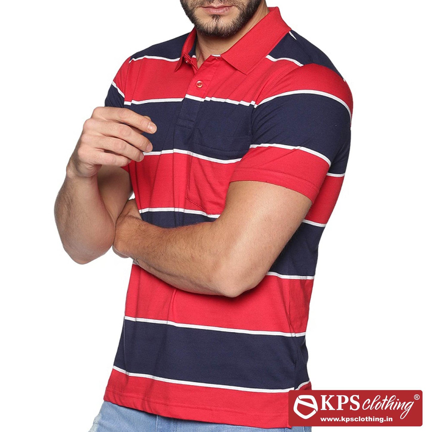 Men's Combed Cotton Jersey Striped Slim Fit Half Sleeve Polo T-shirt with Chest Pocket