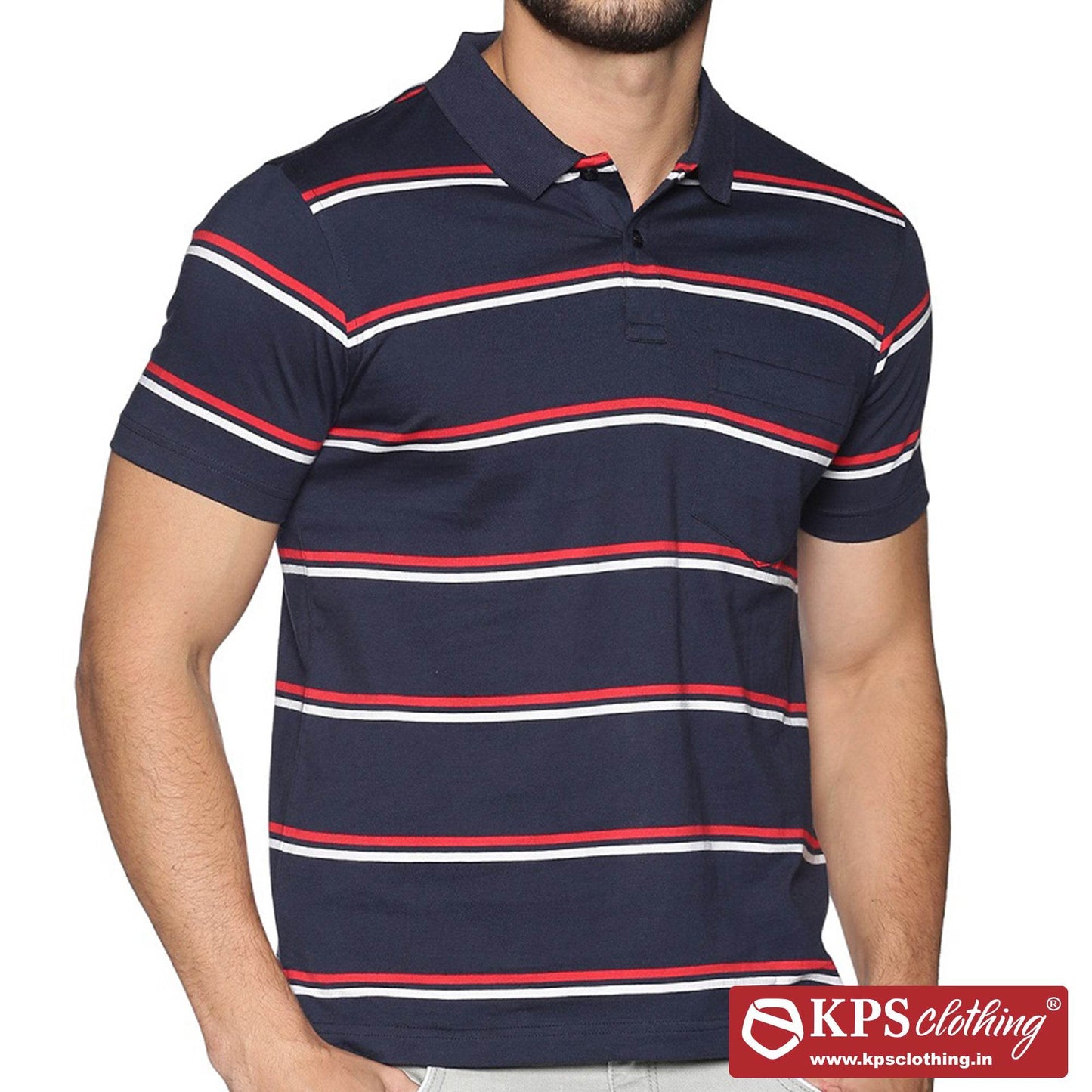 Men's Combed Cotton Jersey Striped Slim Fit Half Sleeve Polo T-shirt with Chest Pocket