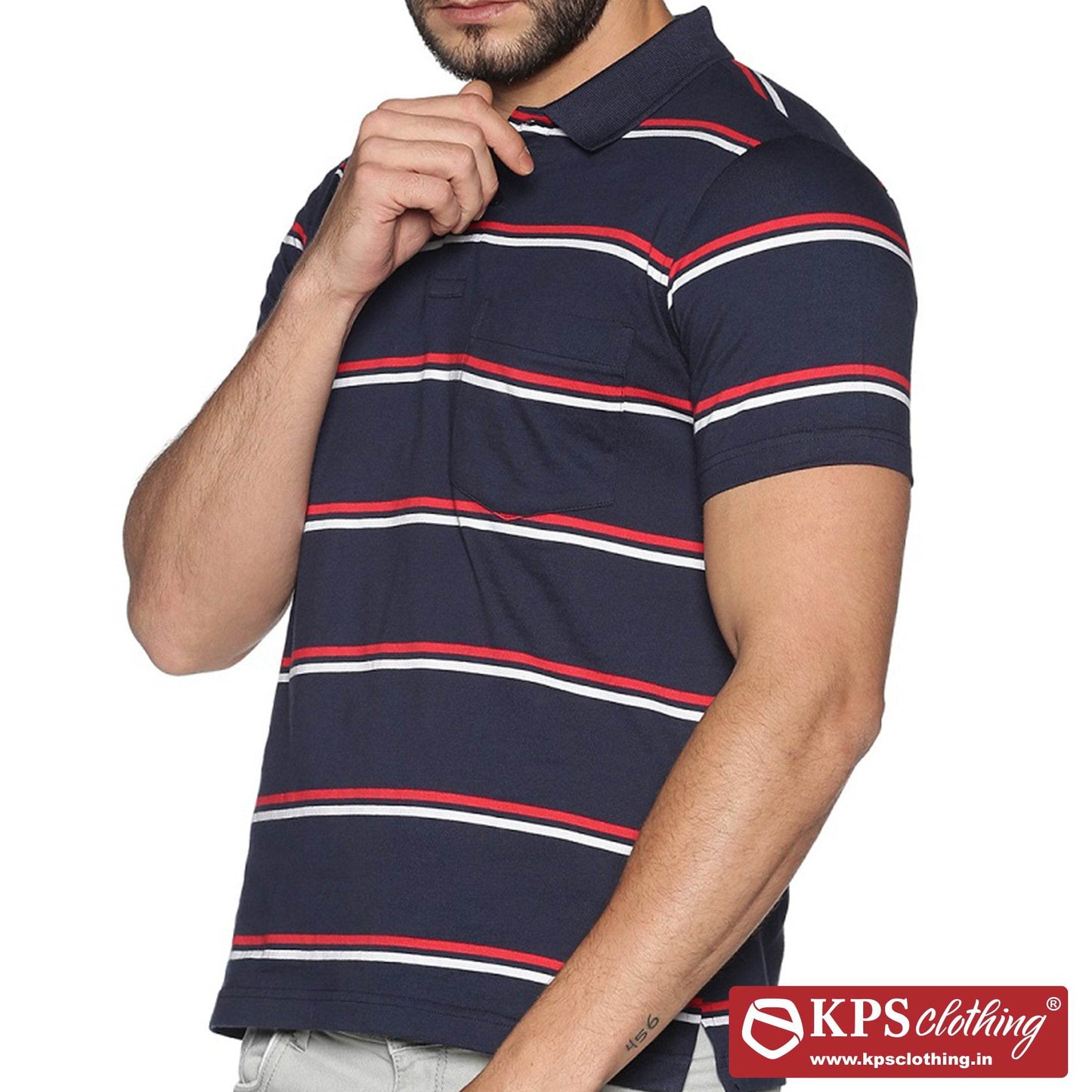 Men's Combed Cotton Jersey Striped Slim Fit Half Sleeve Polo T-shirt with Chest Pocket