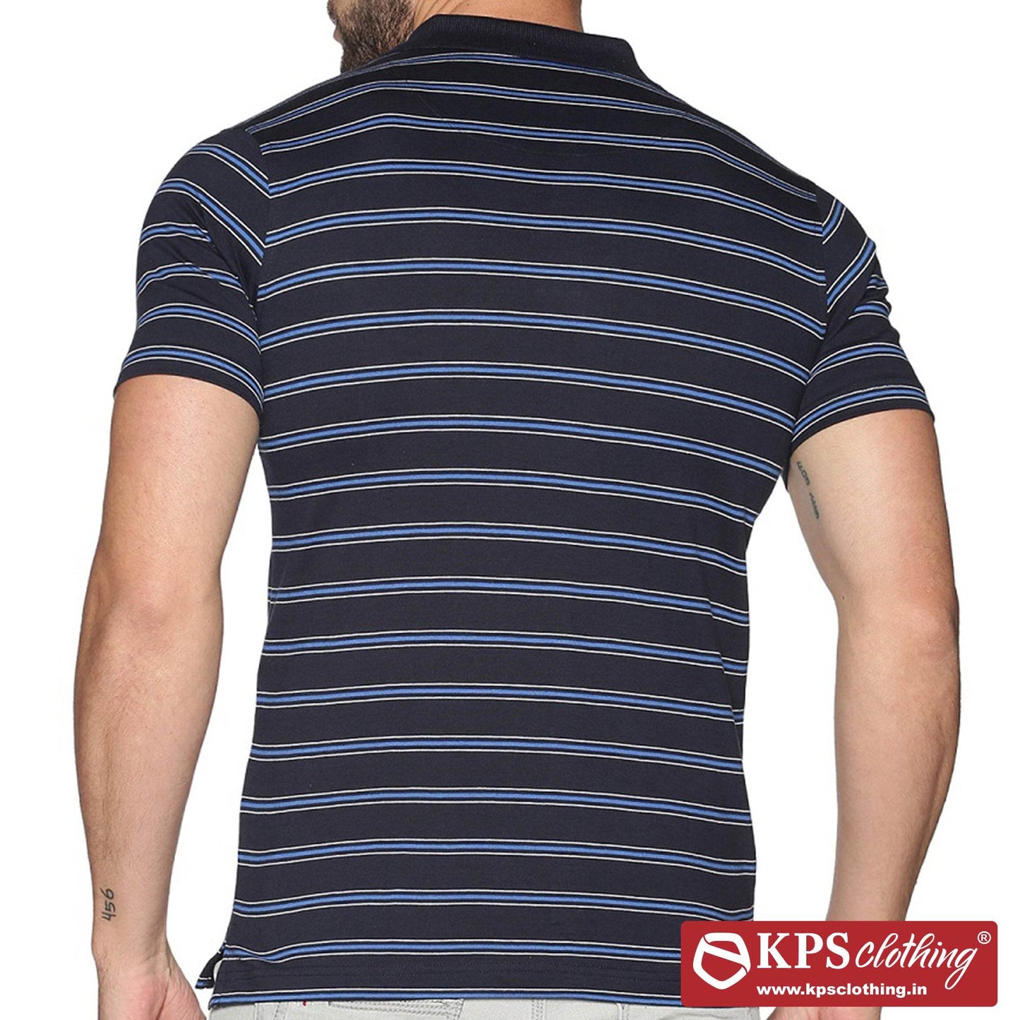 Men's Combed Cotton Jersey Striped Slim Fit Half Sleeve Polo T-shirt with Chest Pocket