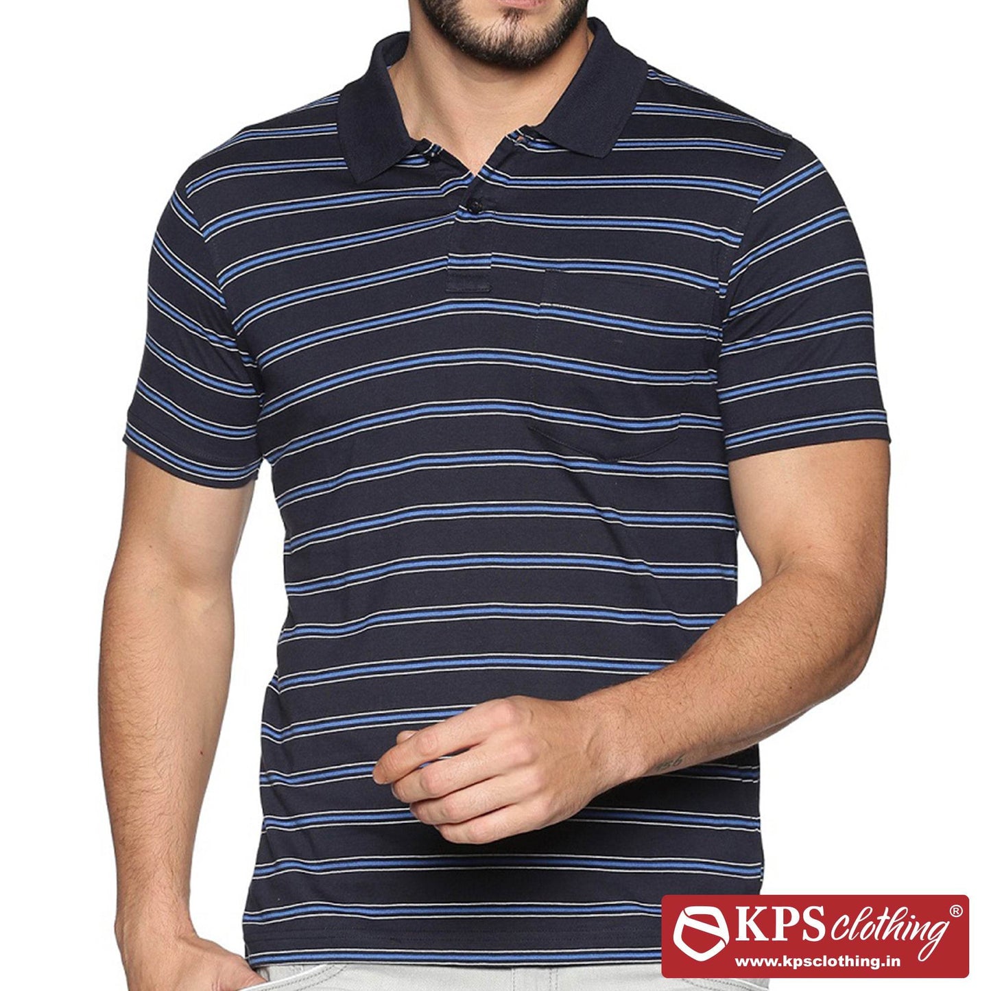 Men's Combed Cotton Jersey Striped Slim Fit Half Sleeve Polo T-shirt with Chest Pocket
