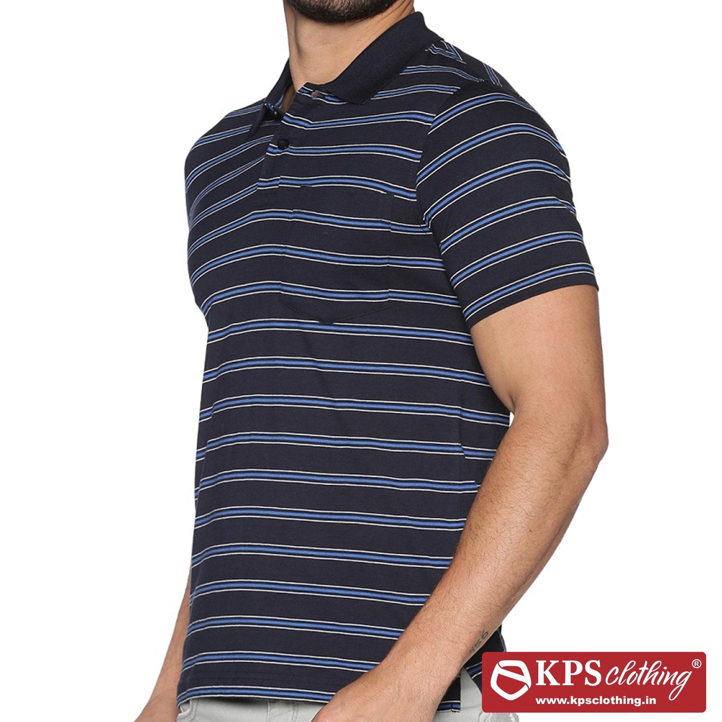 Men's Combed Cotton Jersey Striped Slim Fit Half Sleeve Polo T-shirt with Chest Pocket