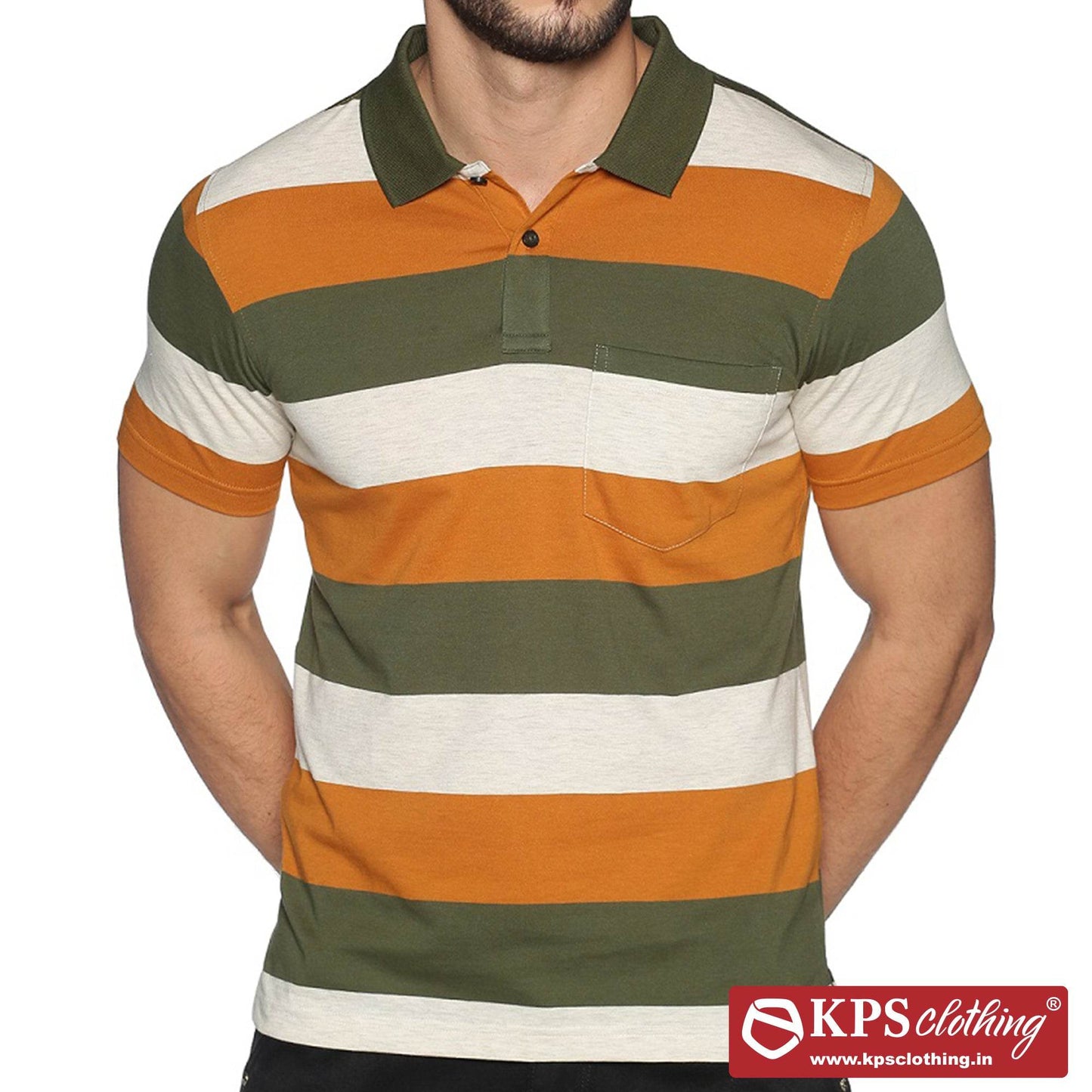 Men's Combed Cotton Jersey Striped Slim Fit Half Sleeve Polo T-shirt with Chest Pocket