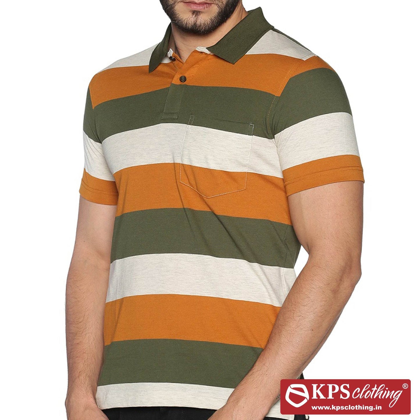Men's Combed Cotton Jersey Striped Slim Fit Half Sleeve Polo T-shirt with Chest Pocket