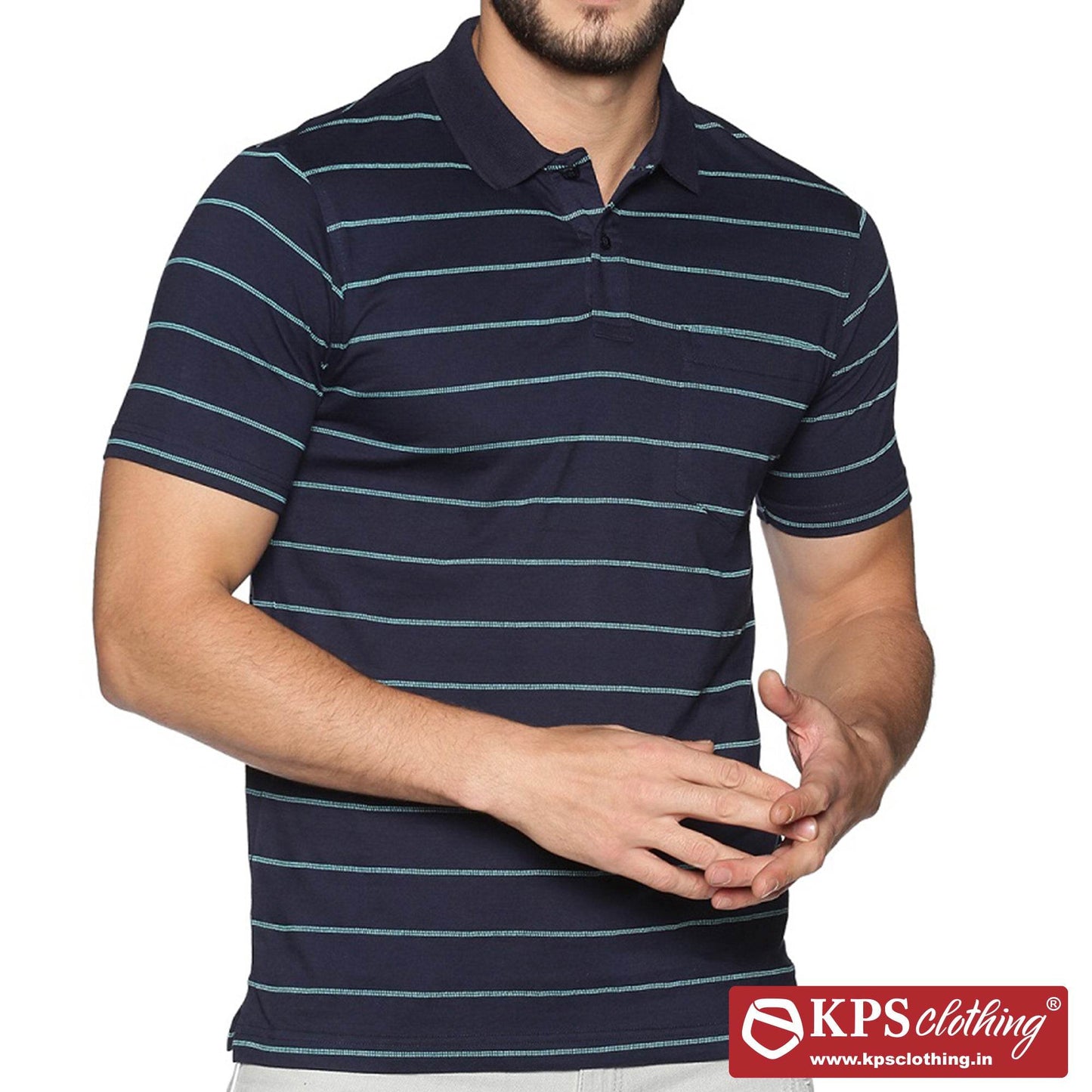 Men's Combed Cotton Jersey Striped Slim Fit Half Sleeve Polo T-shirt with Chest Pocket