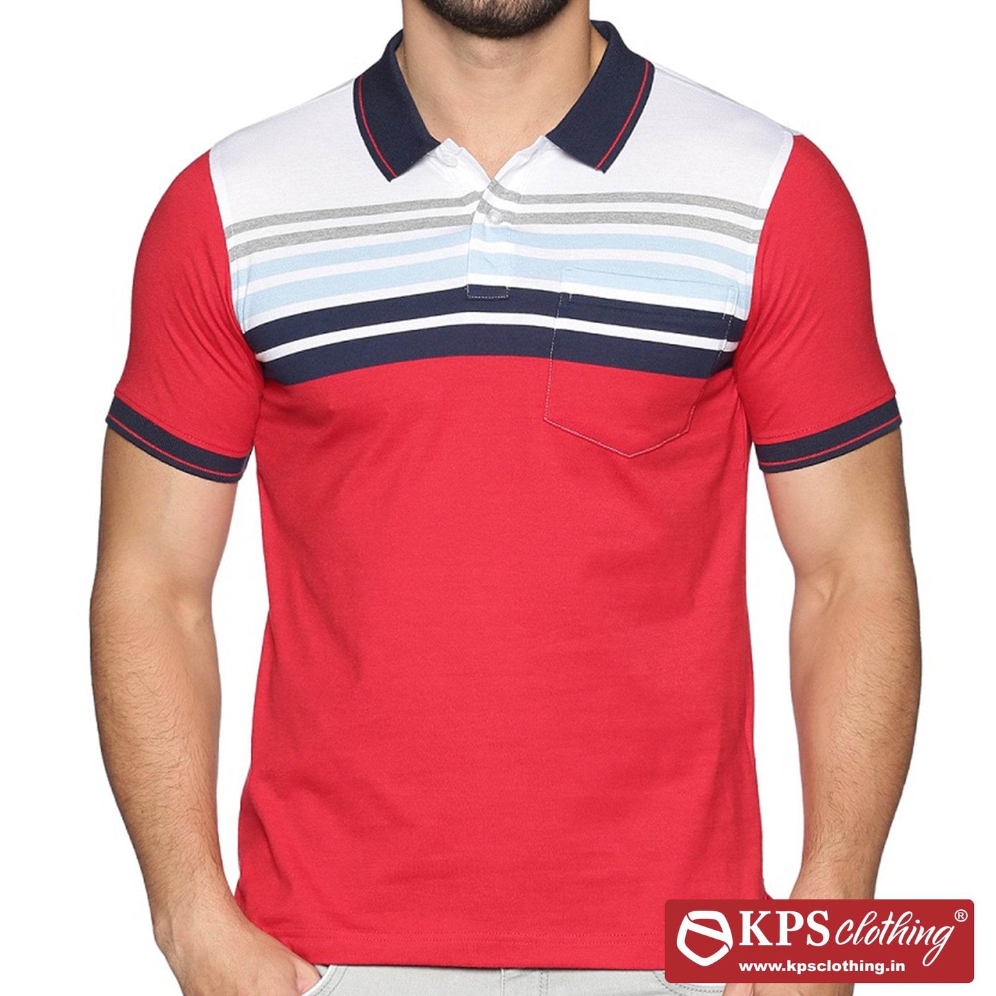 Men's Combed Cotton Jersey Striped Slim Fit Half Sleeve Polo T-shirt with Chest Pocket