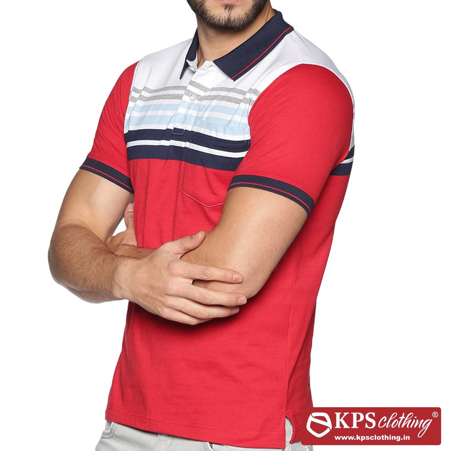 Men's Combed Cotton Jersey Striped Slim Fit Half Sleeve Polo T-shirt with Chest Pocket